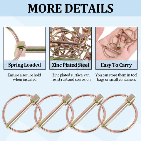Heavy Duty Stainless Steel Lynch Pin Set With Ring 30 Pack close-up showing spring loaded zinc plated steel pins in hand