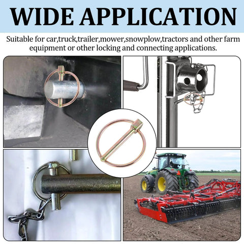 Heavy Duty Stainless Steel Lynch Pin Set With Ring 30 Pack Trailer Coupler Pins in use on trucks, tractors, and mowers