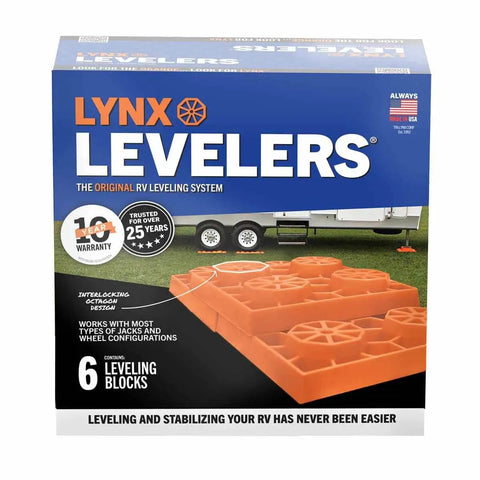 Lynx Levelers 6 Pack Leveling Blocks For Trailers And RVs With A 3 2 1 Pyramid System in orange packaging box.