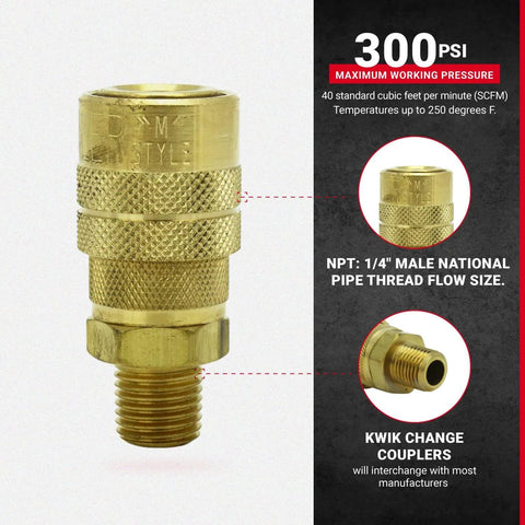 M-Style One Quarter Inch Male NPT Air Quick Connect Coupler For Industrial Use, brass fitting, 300 PSI, Kwik-Change compatible