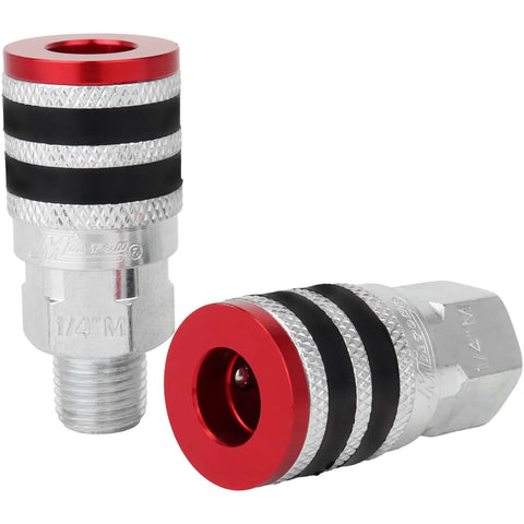 Milton Colorfit M-style coupler and plug kit with red ends and black rubber bumpers, 1/4 in NPT fittings, 7-piece