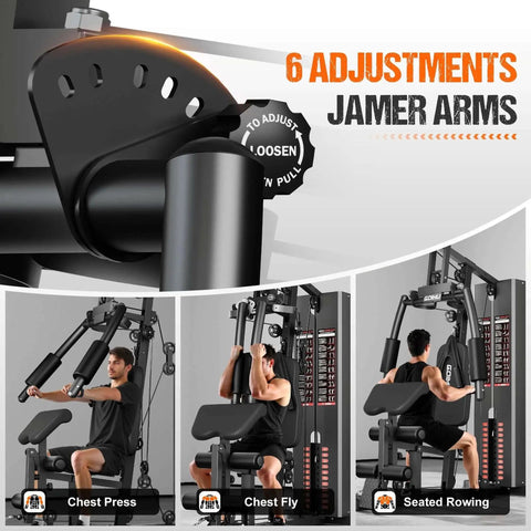 M1 Pro Workout Station With 140 Lb Weight Stack, multifunctional home gym with adjustable arms and seat, showcasing exercises.