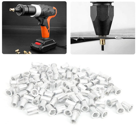 M10 Aluminum Pull Riveting Nuts Flat Head For Tight Spaces 100 Pcs Set WJ30045 shown with a riveting tool and application close-up.