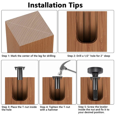 Installation steps for Heavy Duty M10 Furniture Levelers With T Nut Kit showing drilling, inserting T-nut, and leveling process.
