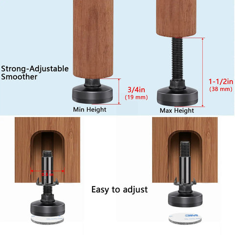 Adjustable Heavy Duty M10 Furniture Levelers With T Nut Kit for cabinets, showing min and max height, wood support leg demonstration.