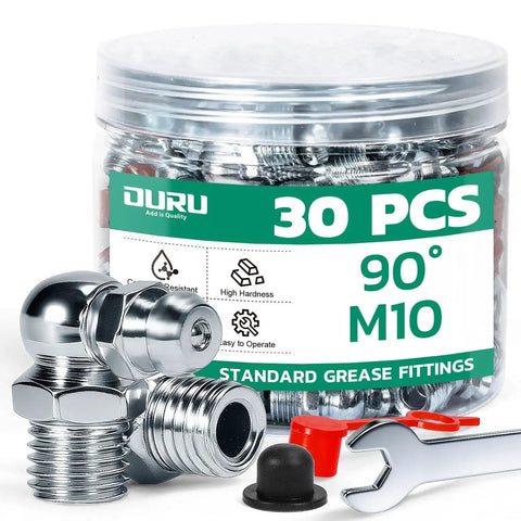 30 Piece M10 Grease Fittings Kit with 90 Degree Zerk Fittings Caps and 10mm Wrench, ideal for confined spaces and machinery maintenance