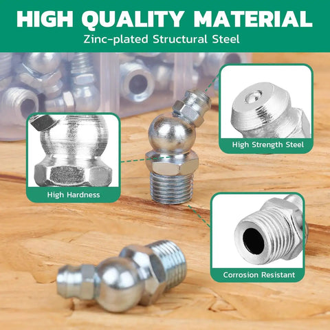 30 Piece M10 Grease Fittings Kit With 90 Degree Zerk Fittings Caps And 10mm Wrench for grease guns; zinc-plated steel material