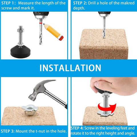 Installation steps for 4 Pack Adjustable M10 Leveling Feet with T Nuts for furniture and machinery, non-slip swivel rubber design.