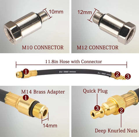 Amazon cylinder leak-down tester kit with M10 and M12 connectors, 11.8in hose, M14 brass adapter, knurled quick plug.