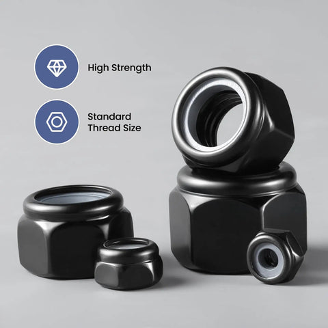 M10 1.5 Nylon Insert Lock Nuts Pack Of 20 Self Locking Nylock Nuts Hex Coarse Thread DIN 985 304 Stainless Steel Black Zinc Plated A2 70 For Durable High Strength Fastening In Machinery Automotive And Diy Projects, displayed in various angles
