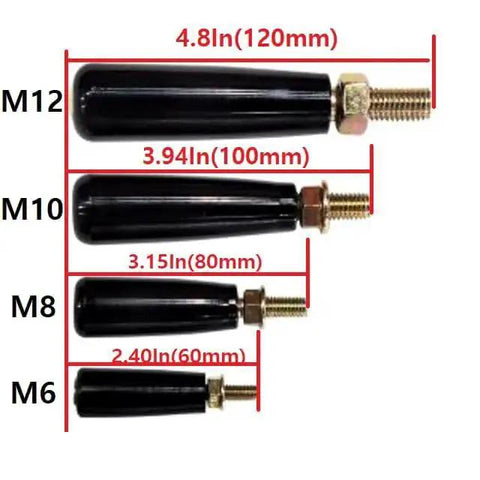 Large Revolving M10 Replacement Handle with P1.5 Thread Four Inch Length Crank Grip Knob, different sizes shown for comparison.