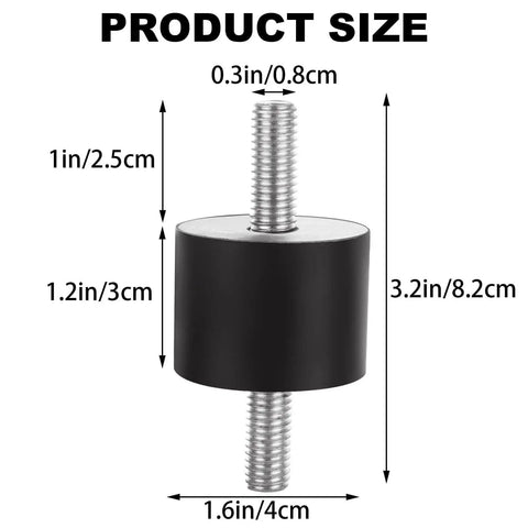 Eight M10 rubber isolator mounts with double studs deliver effective vibration damping, 40x30mm cylindrical size shown.
