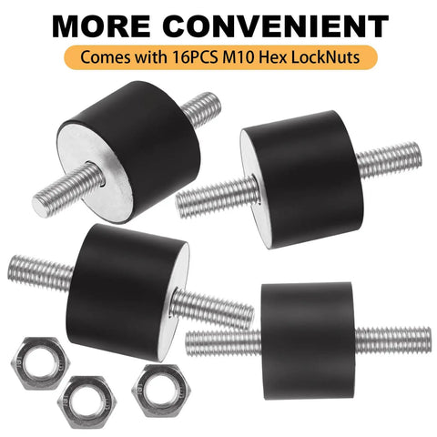 Eight M10 rubber isolator mounts with double studs shown with hex locknuts, suitable for vibration damping in air compressors.