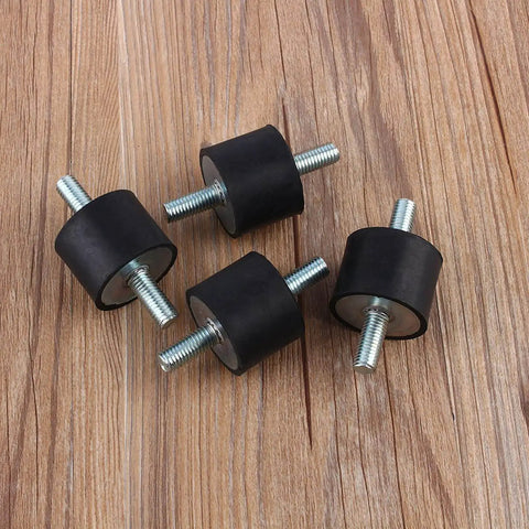 Four M10 Rubber Vibration Isolator Mounts 40x30 for air compressor pumps on wooden surface, showing threaded metal rods.