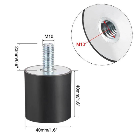 Durable M10 rubber vibration mount with 40x40mm pad, 23mm thread, 60 durometer, for noise reduction in motors and compressors.