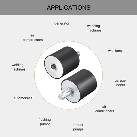 Durable M10 rubber vibration mounts provide effective shock absorption for motors, pumps. Shown with threaded metal inserts.