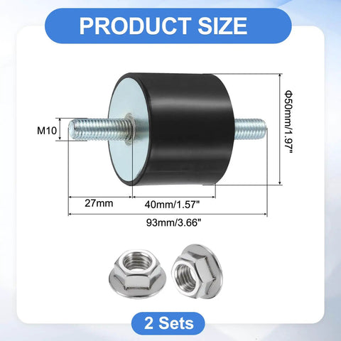 Durable M10 x 27mm rubber vibration mounts with 40x50mm cylindrical isolators and zinc plated hardware, diagram shown.