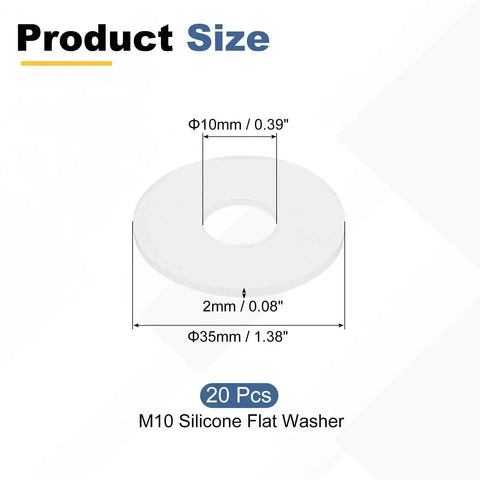 M10 Silicone Flat Washer Set 20 Pieces 10mm ID 35mm OD 2mm Thick White Gaskets with dimensions, ideal for sealing.