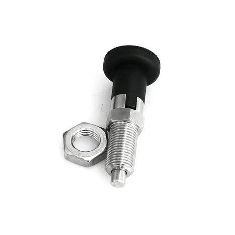 Push Fit Ball Nose Spring Plunger With Stainless Steel Spring Self Locking Knob For Precision Indexing M10, shown with hex nut, close-up view.