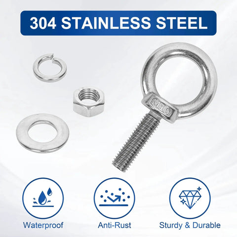 4 Pack M10 Stainless Steel Eye Bolts With Nuts And Washers Set, 35mm Thread Length, ideal for DIY projects, close-up view