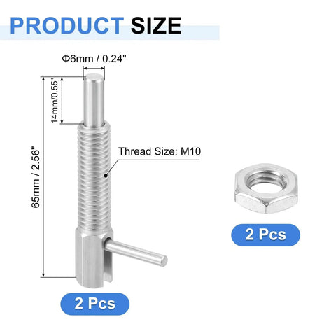 Two Piece Pro Gear Retractable Indexing Plunger Pins Set Uxcell M10 Stainless Steel with nuts, size labeled, for machinery use.