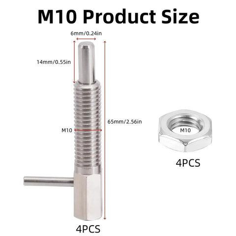 Retractable Indexing Plunger Pin Set In M10 Stainless Steel, 4 Pieces, shown with dimensions and nut in product image.