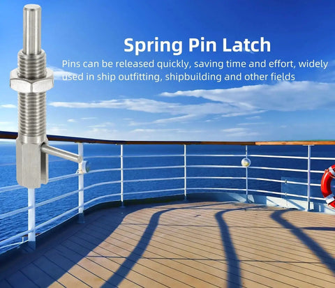Image of Retractable Indexing Plunger Pin Set In M10 Stainless Steel on deck, showcasing telescoping locking pin with L-shaped handle.