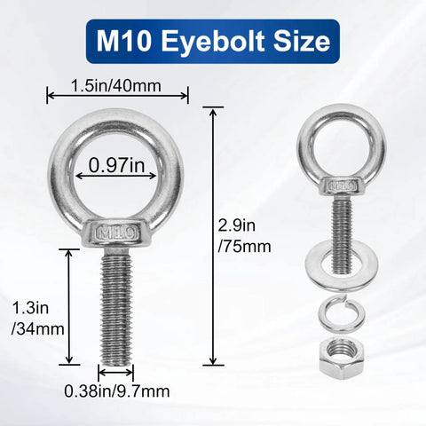 4 Pack M10 Stainless Steel Eye Bolts With Nuts And Washers Set, 35mm Thread Length, product dimensions diagram