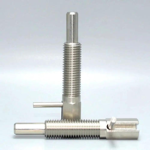 Two Pack Retractable Indexing Plunger Pin M10 Stainless Steel Spring Latch Locking Pin for machinery, side view.