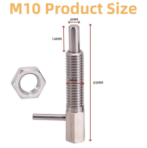 Two Pack Retractable Indexing Plunger Pin M10 Stainless Steel Spring Latch with Nut and L Handle, showing dimensions.