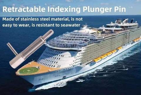 Two Pack Retractable Indexing Plunger Pin M10 Stainless Steel Spring Latch showcased against a cruise ship background.