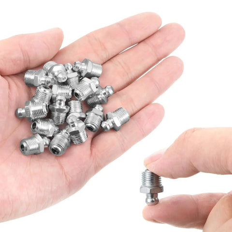 Hand holding M10 Straight Hydraulic Grease Fittings Pack 20 Pieces Stainless Steel Zerk Fittings for automotive use.