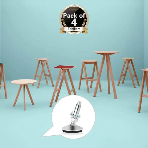 Four heavy duty M10 swivel adjustable leveling feet with T Nut for screw on cabinet, table, and chair legs; shown with furniture.