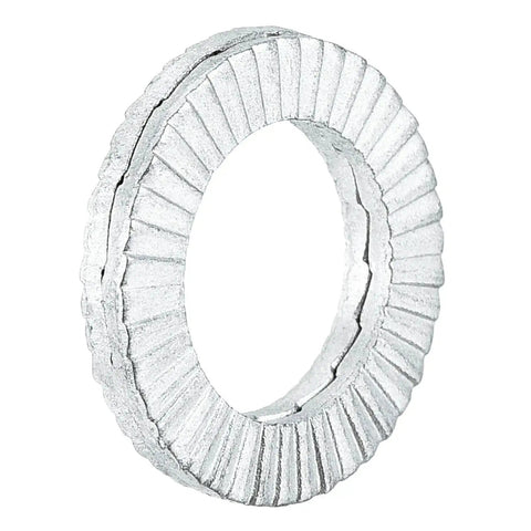 Close-up of M10 Wedge Locking Washer, manganese steel, compliant with DIN 25201, showing detailed grooves