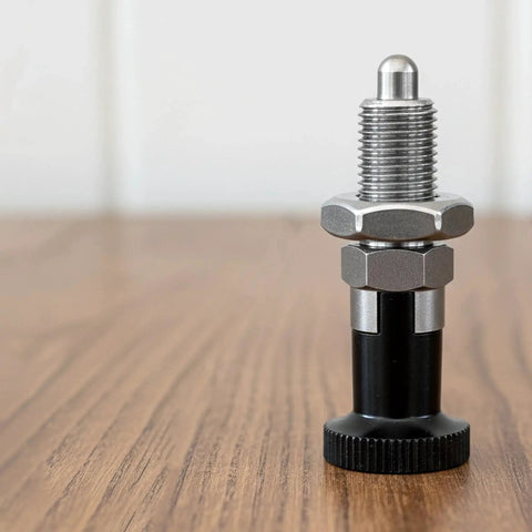 Two Pack M10x1.5 Spring Plunger Ball Nose 304 Stainless Steel Push Fit Indexing Plunger on wooden surface