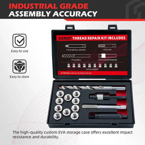 M10x1.0 Metric Thread Repair Kit with Stainless Steel Inserts 12.7mm, includes drill, tap, driver, inserts displayed in case.