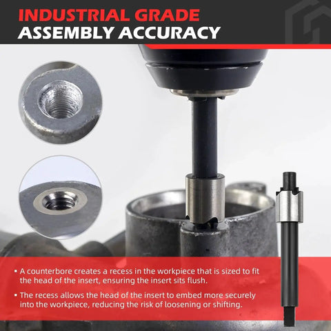 Close-up of M10x1.0 Metric Thread Repair Kit with drill inserted in metal showing stainless steel inserts for fixing damaged threads.