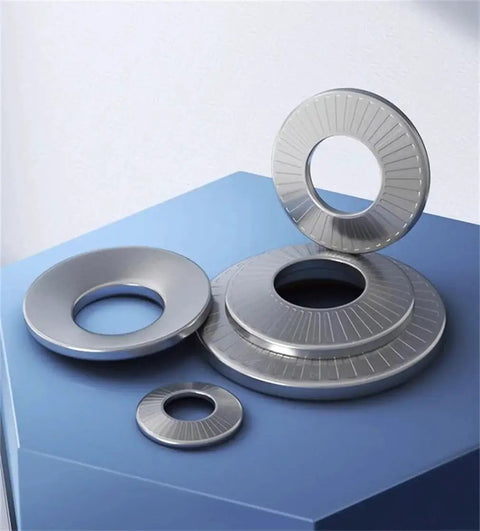 M10x27 Wide Edge Belleville Washers 5pc 304 Stainless Steel Conical Disc Cup arranged on a blue surface