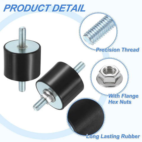 Durable M10 x 27mm rubber vibration mounts with 40x50mm cylindrical isolators and zinc plated hardware, 2 mounts and 4 nuts