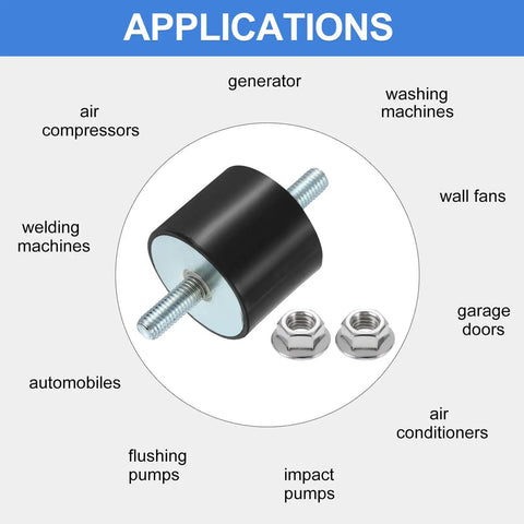 Durable M10 x 27mm rubber vibration mounts with 40x50mm cylindrical isolators and zinc plated hardware, 2 mounts and 4 nuts.