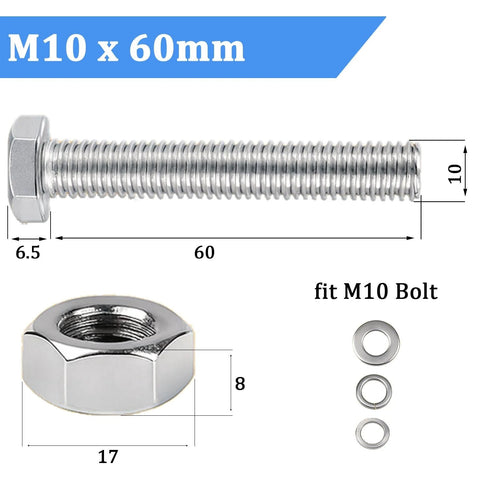 Six Piece M10 Hex Bolts And Nuts Set In 304 Stainless Steel With M10x60mm Fully Threaded Bolts, M10-1.25 Nuts, Flat And Spring Washers