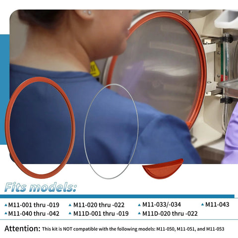 Midmark M11/M11D autoclave door gasket kit; orange door gasket ring, metal dam gasket, and support wires.