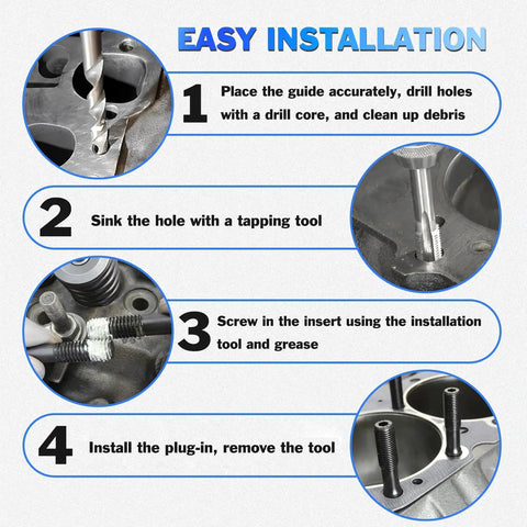 Installation steps for M11X1.5 Head Bolt Thread Repair Kit 35119S featuring drill, tapping, insert screwing, and tool removal.