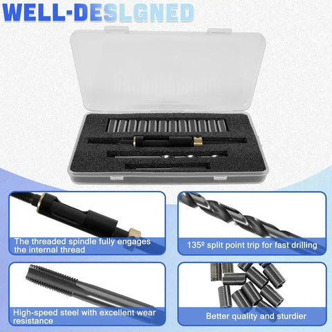 M11X1.5 Head Bolt Thread Repair Kit 35119S with inserts, drill bit, and tools in open case for Cadillac Toyota Nissan Isuzu Hyundai Kia engines