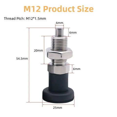 Two Pack Stainless Steel Retractable Ball Nose Spring Plungers With Return Knobs, Spring Loaded Pin, M12 Thread 1.5 Pitch dimensions