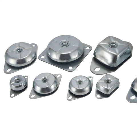 Experience superior vibration isolation with this M12 bell type vibration mount set, showing multiple sizes of metal mounts.