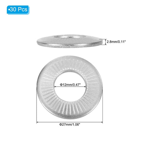 M12 Belleville Spring Disc Washers 304 Stainless Steel Conical Knurled 30 Pack dimensions and side view