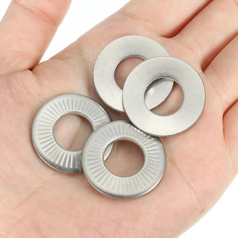 Hand holding M12 Belleville Spring Disc Washers 304 Stainless Steel Conical Knurled 30 Pack
