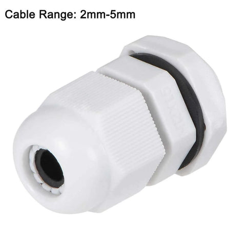 M12x1.5 Cable Gland Set Waterproof Nylon Joint with Locknut and Washer, fits 2mm to 5mm wires, white, durable sealing gland
