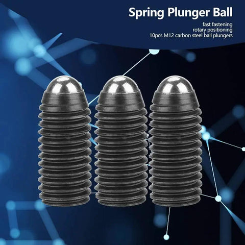 Three Ten Piece M12X1.75 Socket Ball Spring Plungers with Hex Set Screws in carbon steel for clamps and machines